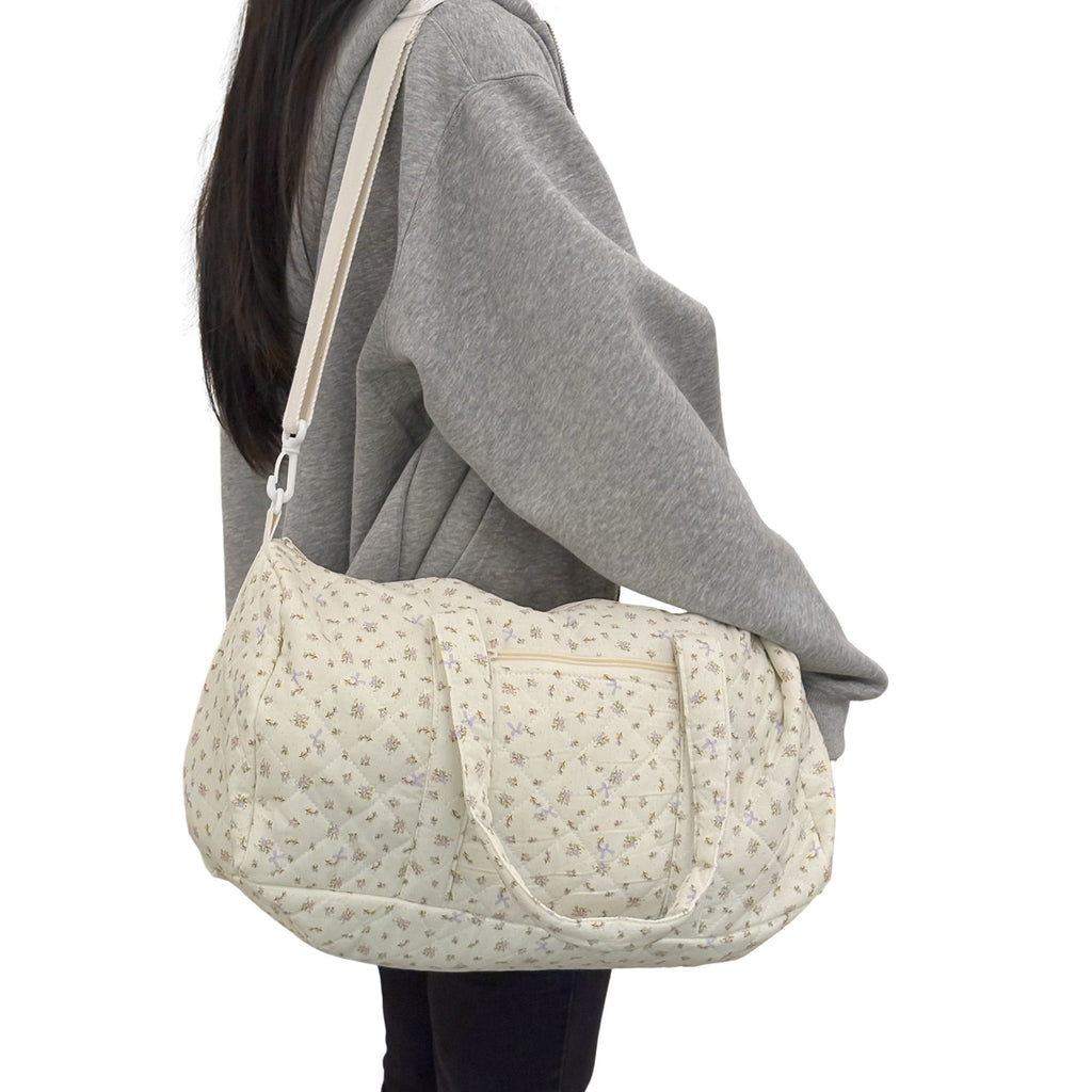 Quilted Cotton Duffel Bag with Floral Print and Double Handle Design