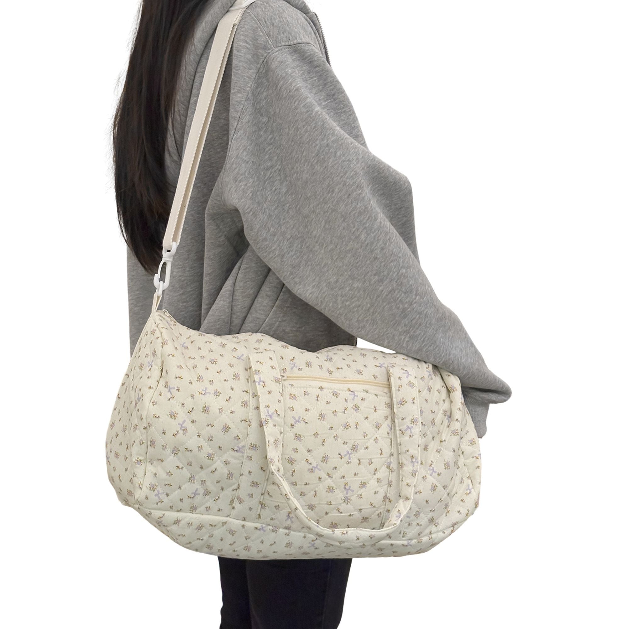 Quilted Cotton Duffel Bag with Floral Print and Double Handle Design