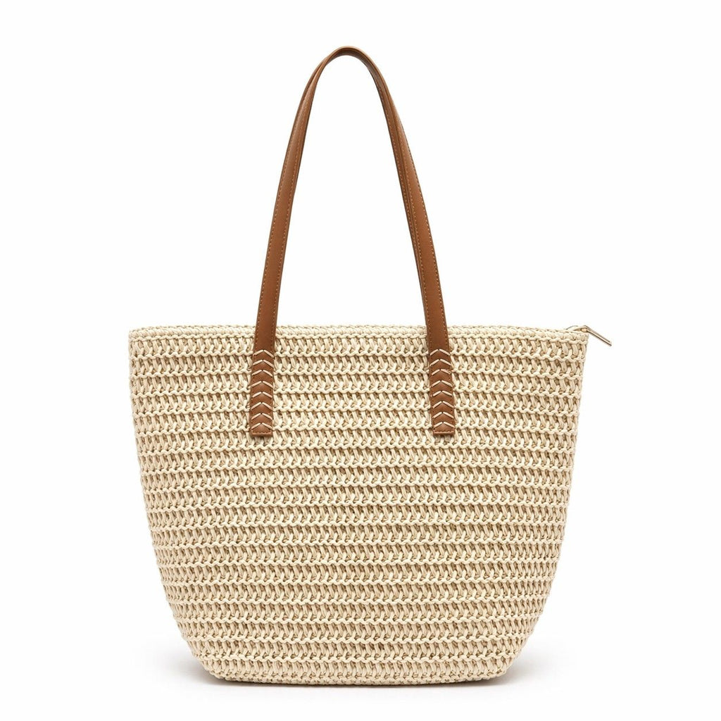 Woven Straw Tote Bag with Leather Shoulder Straps Lightweight Crochet Knit Large Capacity Bag