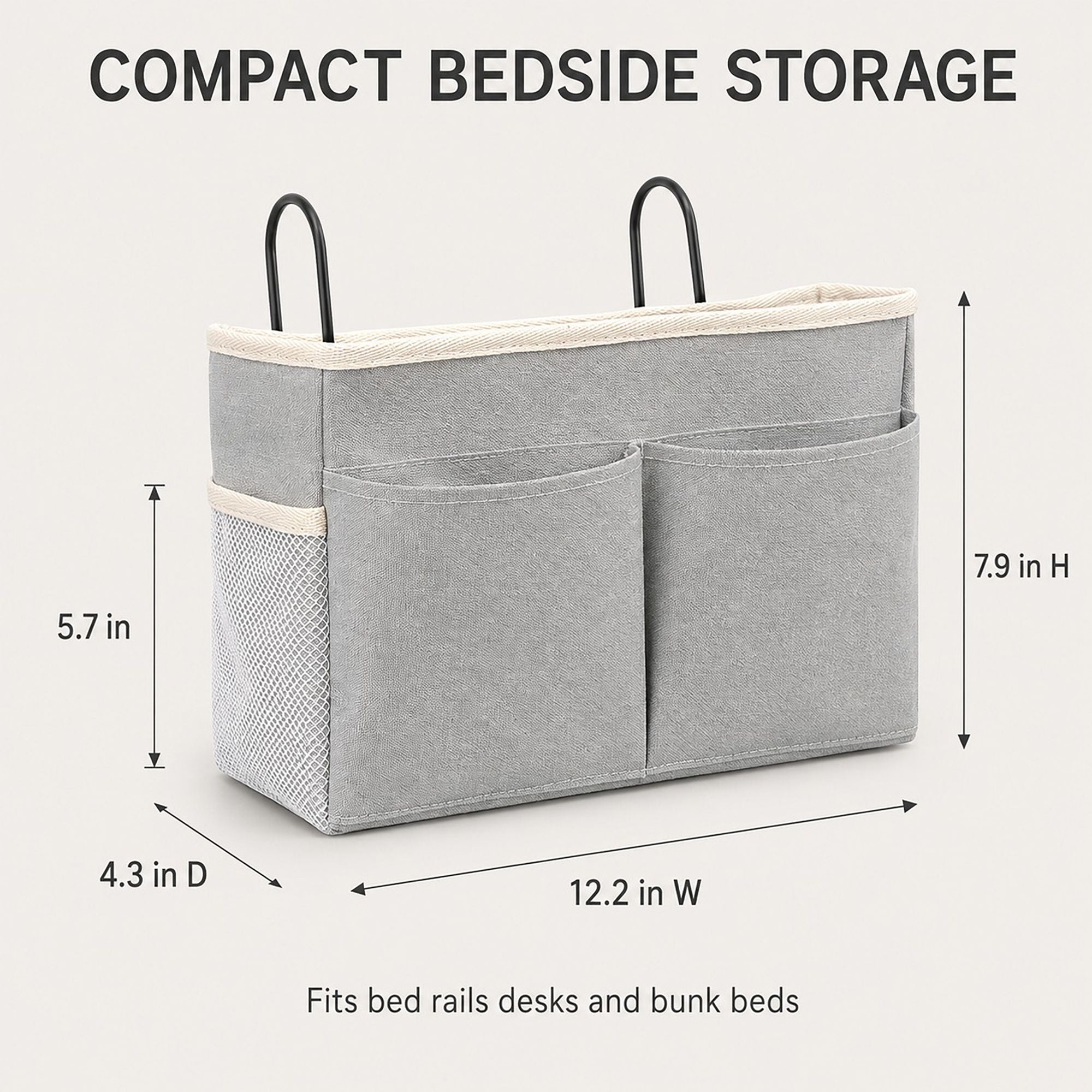 Hanging Bedside Storage Caddy with Hooks and Multiple Pockets Bed Rail Organizer