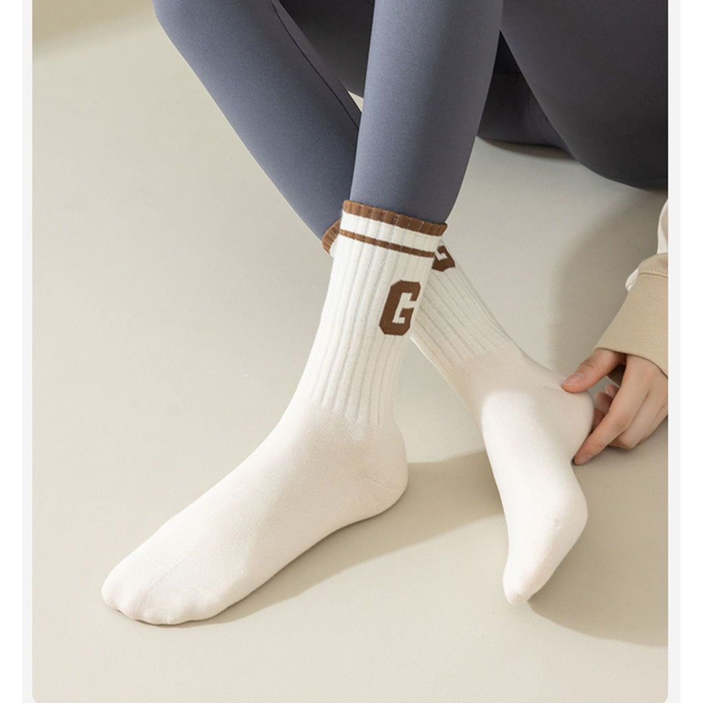 Anna-Kaci Women's 4-Pair Pack Ribbed Cotton Crew Socks with Striped Cuffs and G Letter Detail in Neutral Athletic Color Combinations