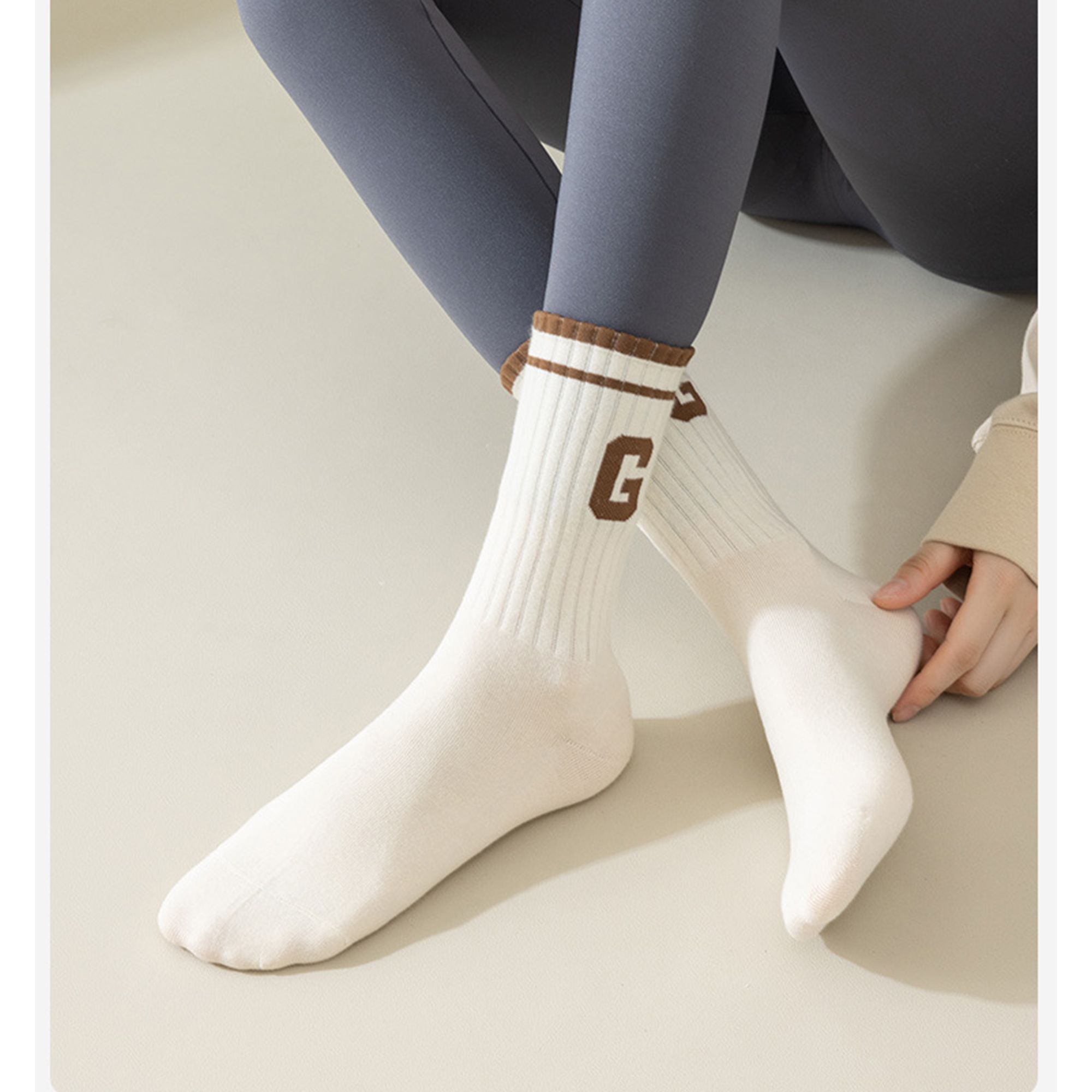 Anna-Kaci Women's 4-Pair Pack Ribbed Cotton Crew Socks with Striped Cuffs and G Letter Detail in Neutral Athletic Color Combinations