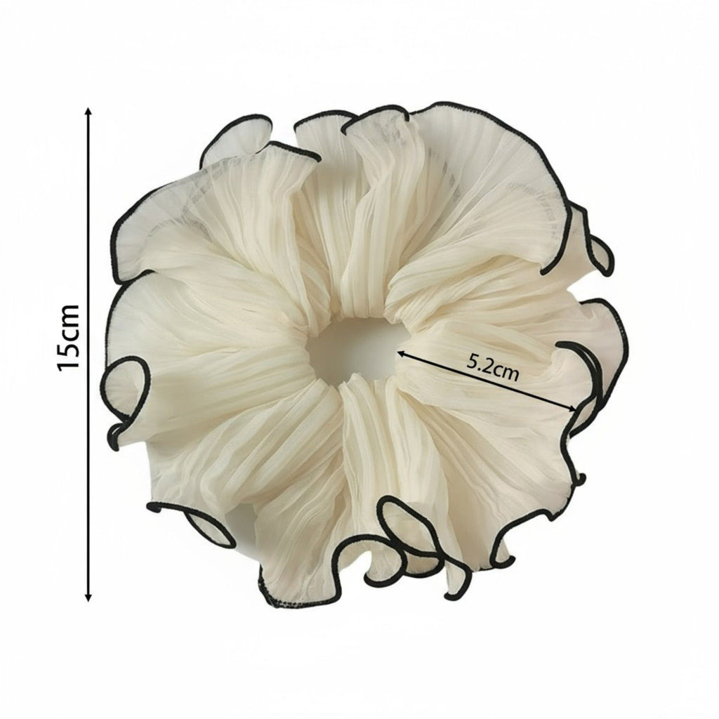 Pleated Organza Hair Scrunchie with Contrast Trim and Voluminous Ruffled Design