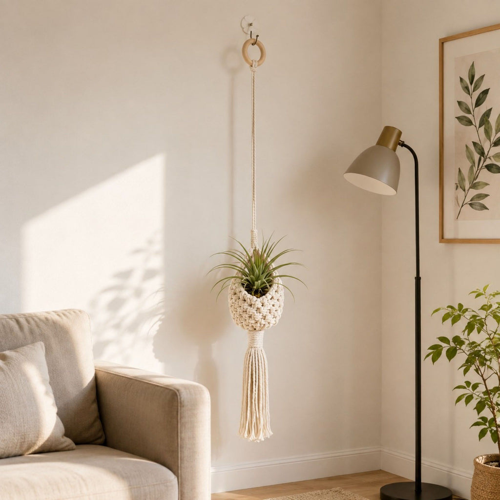 Macrame Hanging Basket with Wood Ring Tassel for Plant and Home Storage