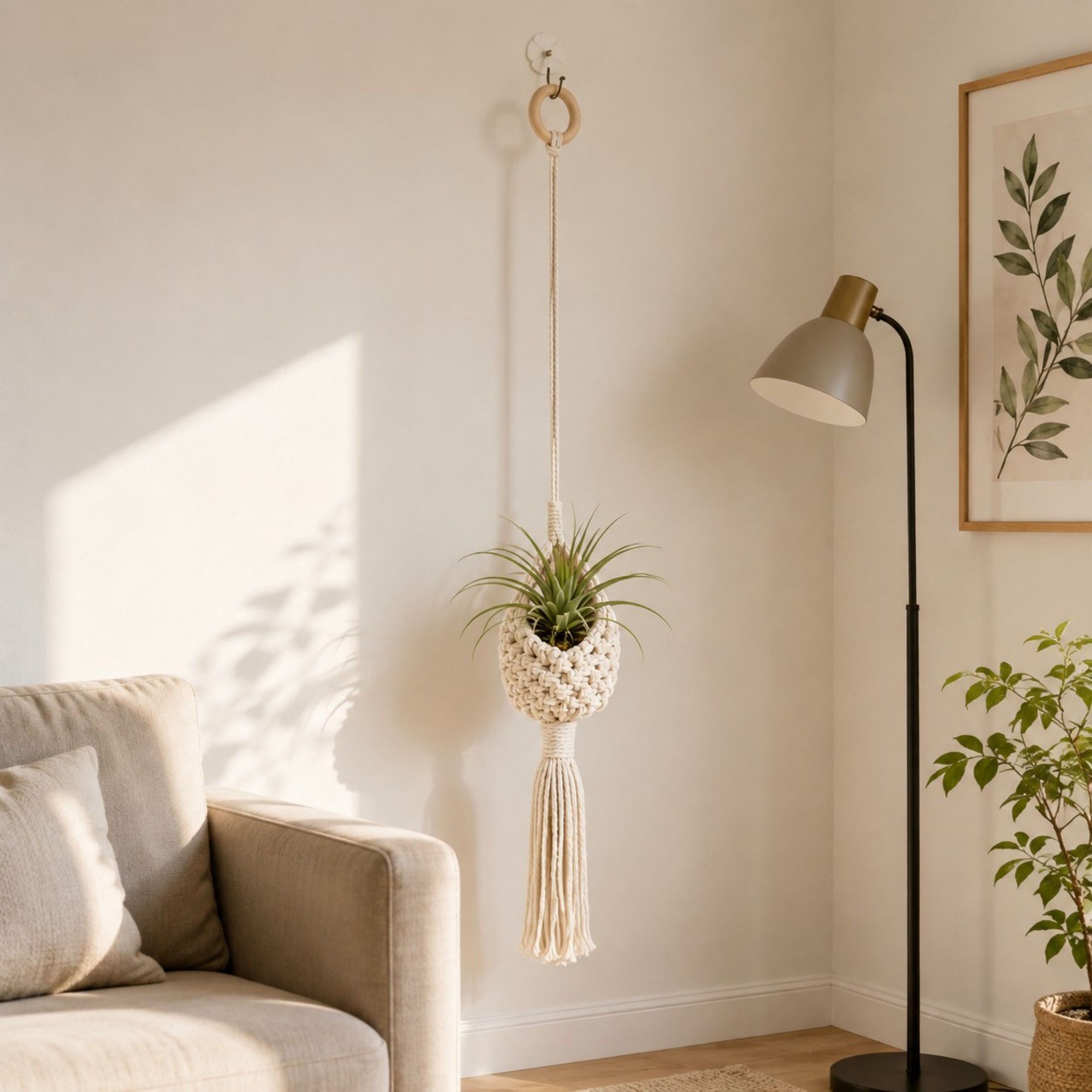 Macrame Hanging Basket with Wood Ring Tassel for Plant and Home Storage