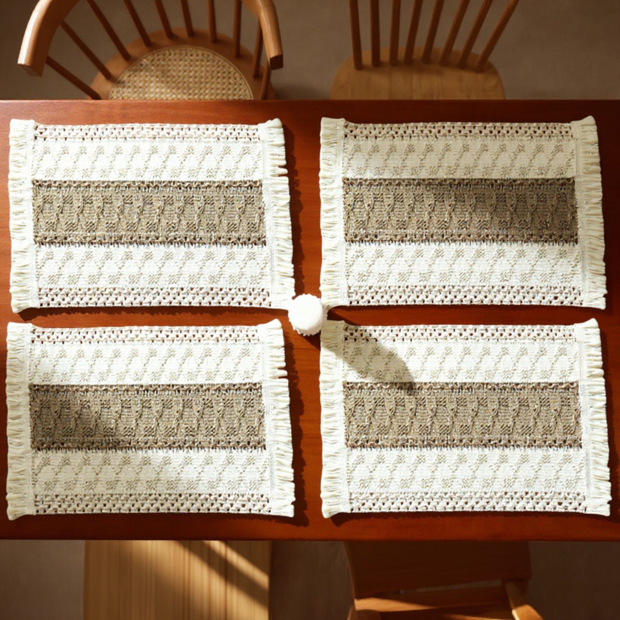 4 Set Woven Rectangular Placemats with Textured Stripes and Fringe Edges 11.8x19.5 in