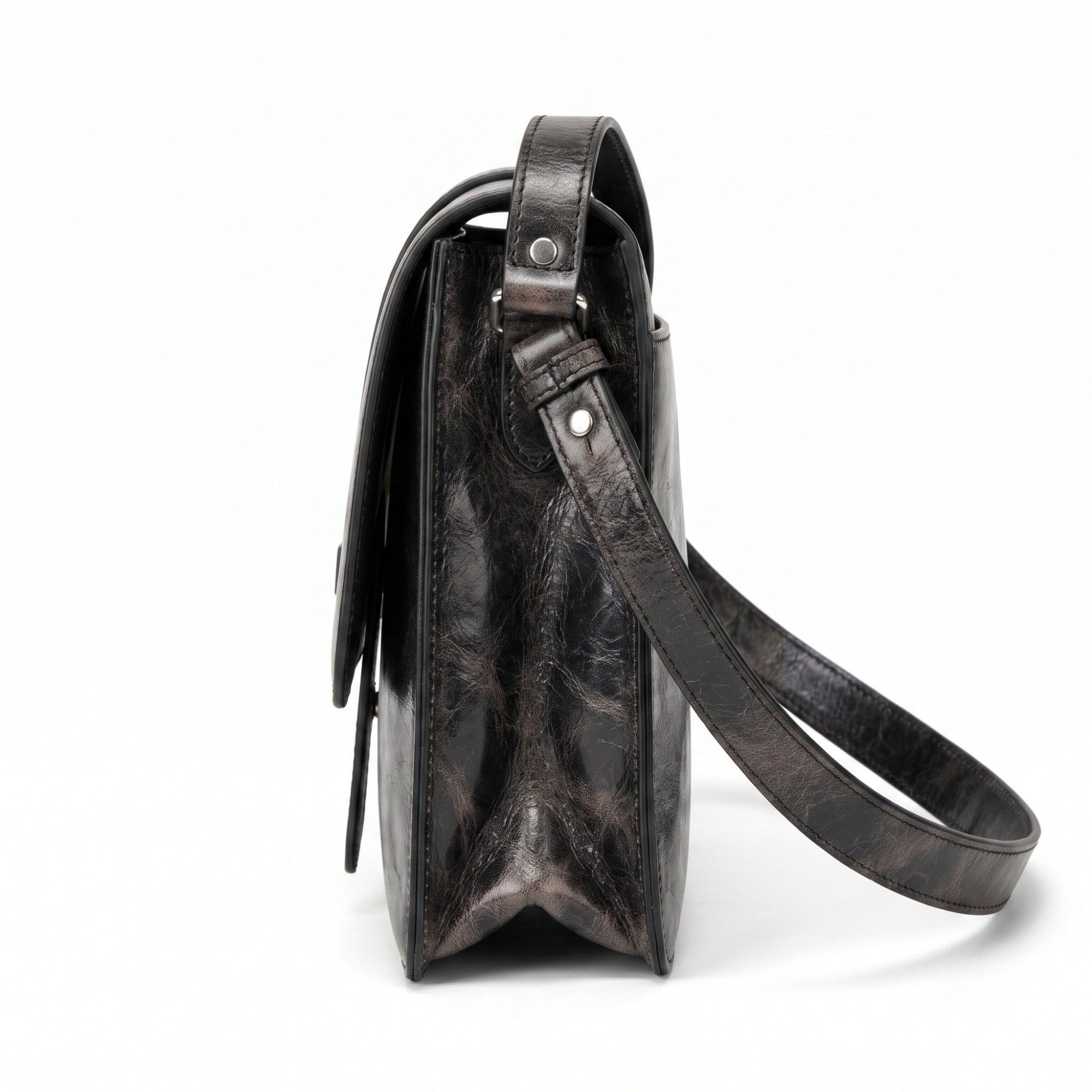 Distressed-Look Flap Shoulder Bag with Metal Clasp