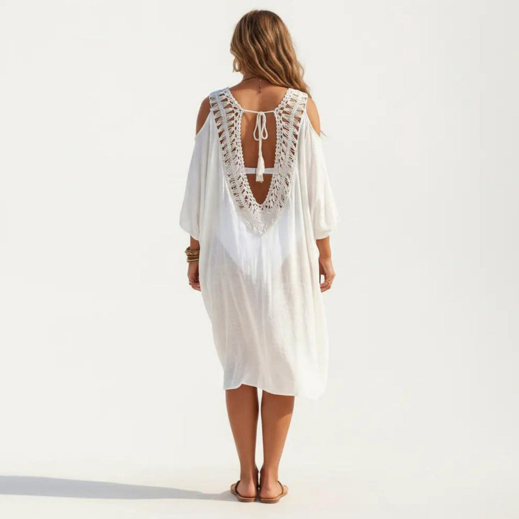 Anna-Kaci Women's Crochet V Neck Swim Cover Up Dress with Cold Shoulder Sleeves and Relaxed Fit