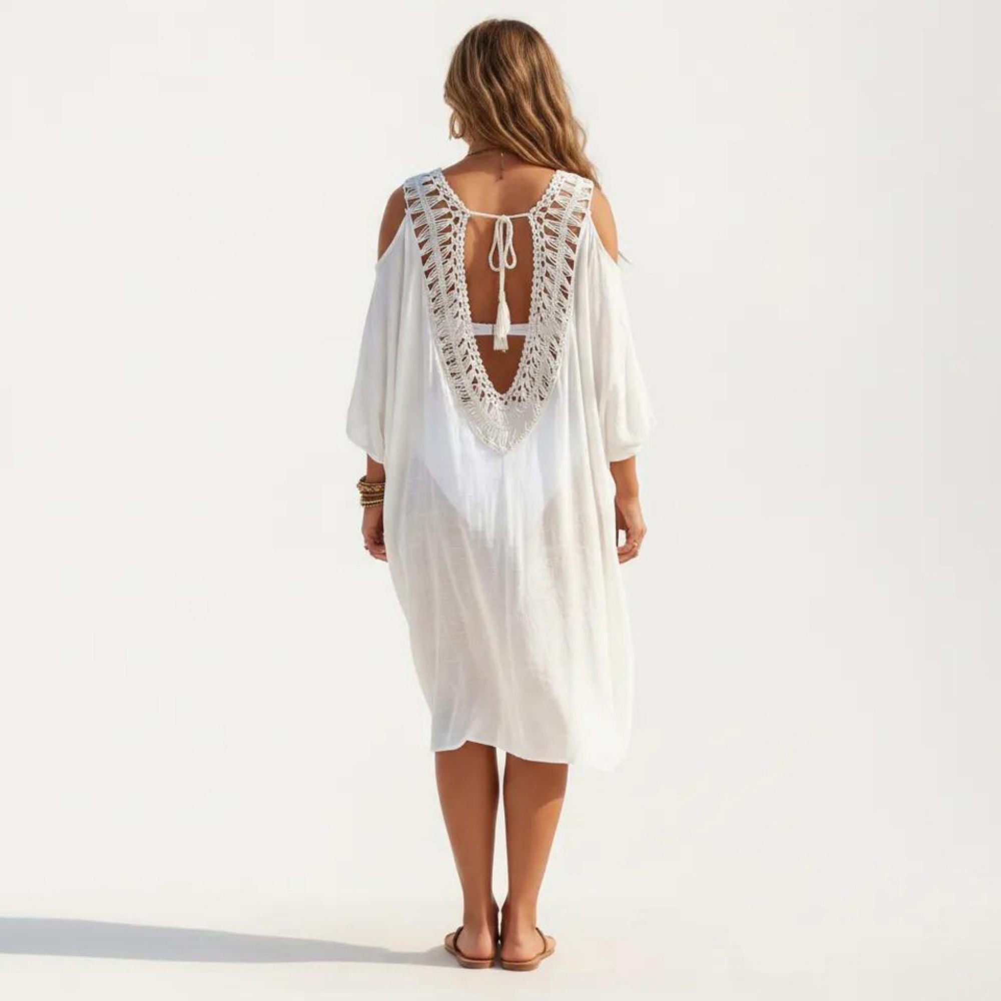 Anna-Kaci Women's Crochet V Neck Swim Cover Up Dress with Cold Shoulder Sleeves and Relaxed Fit