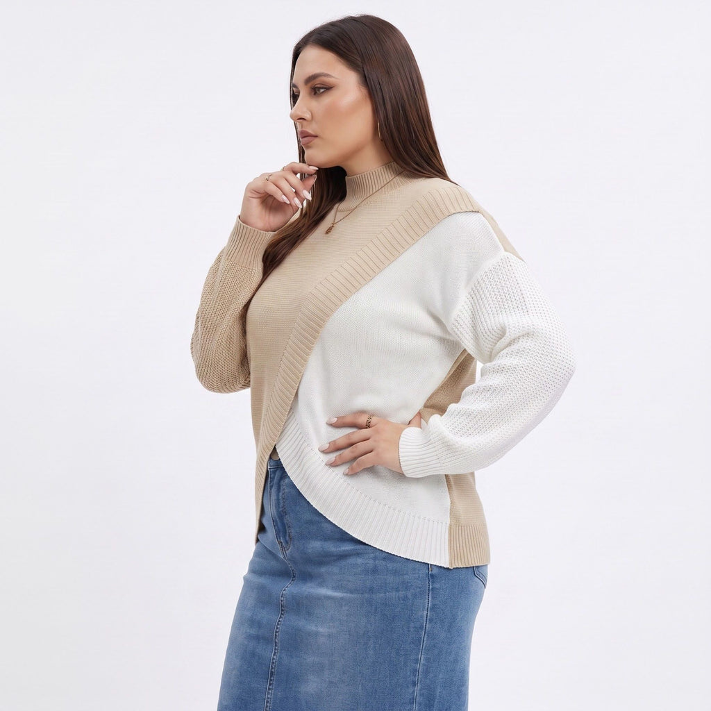 Plus Size Colorblock Mock Neck Asymmetrical Hem Sweater