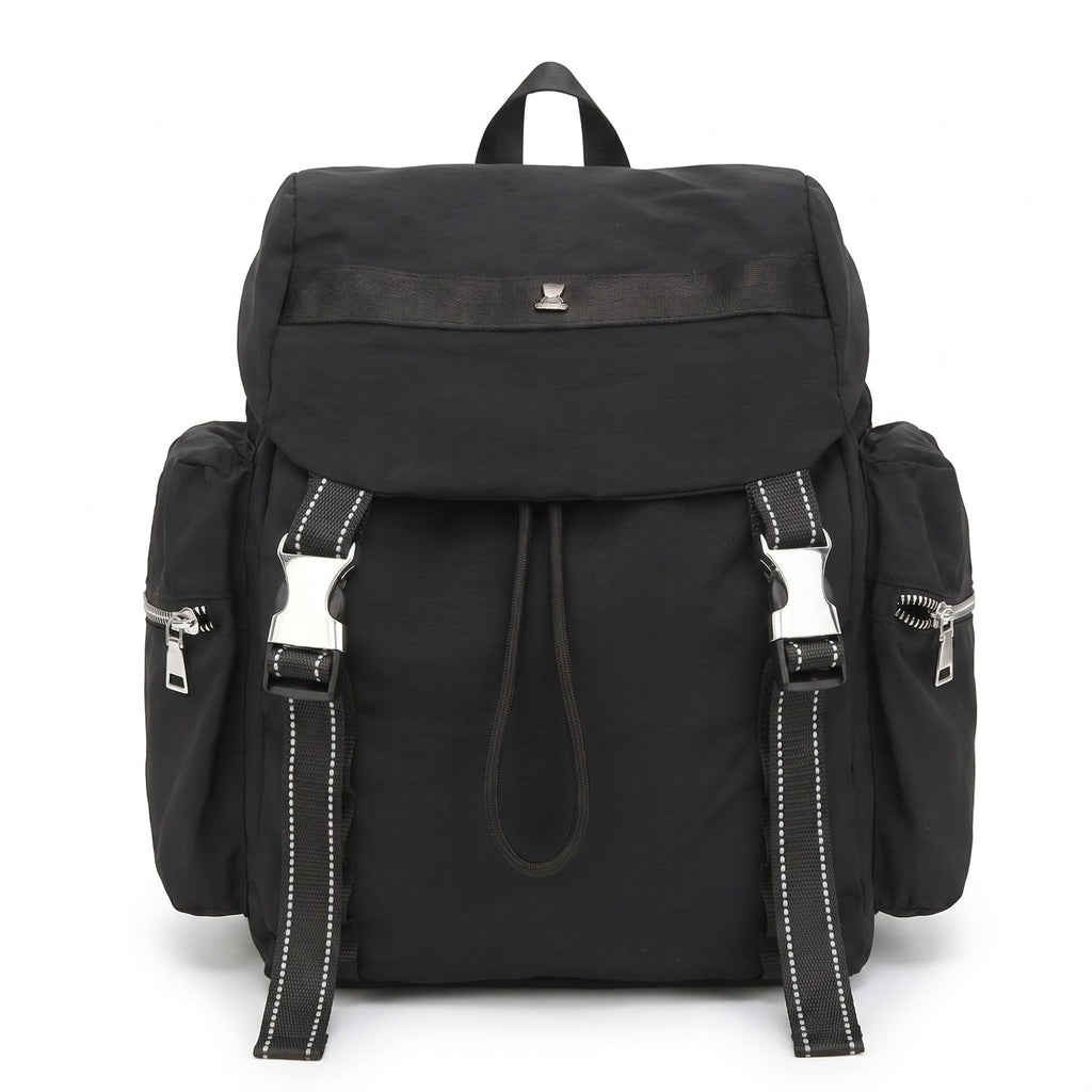 Flap Drawstring Backpack with Dual Buckle Straps and Zippered Side Pockets