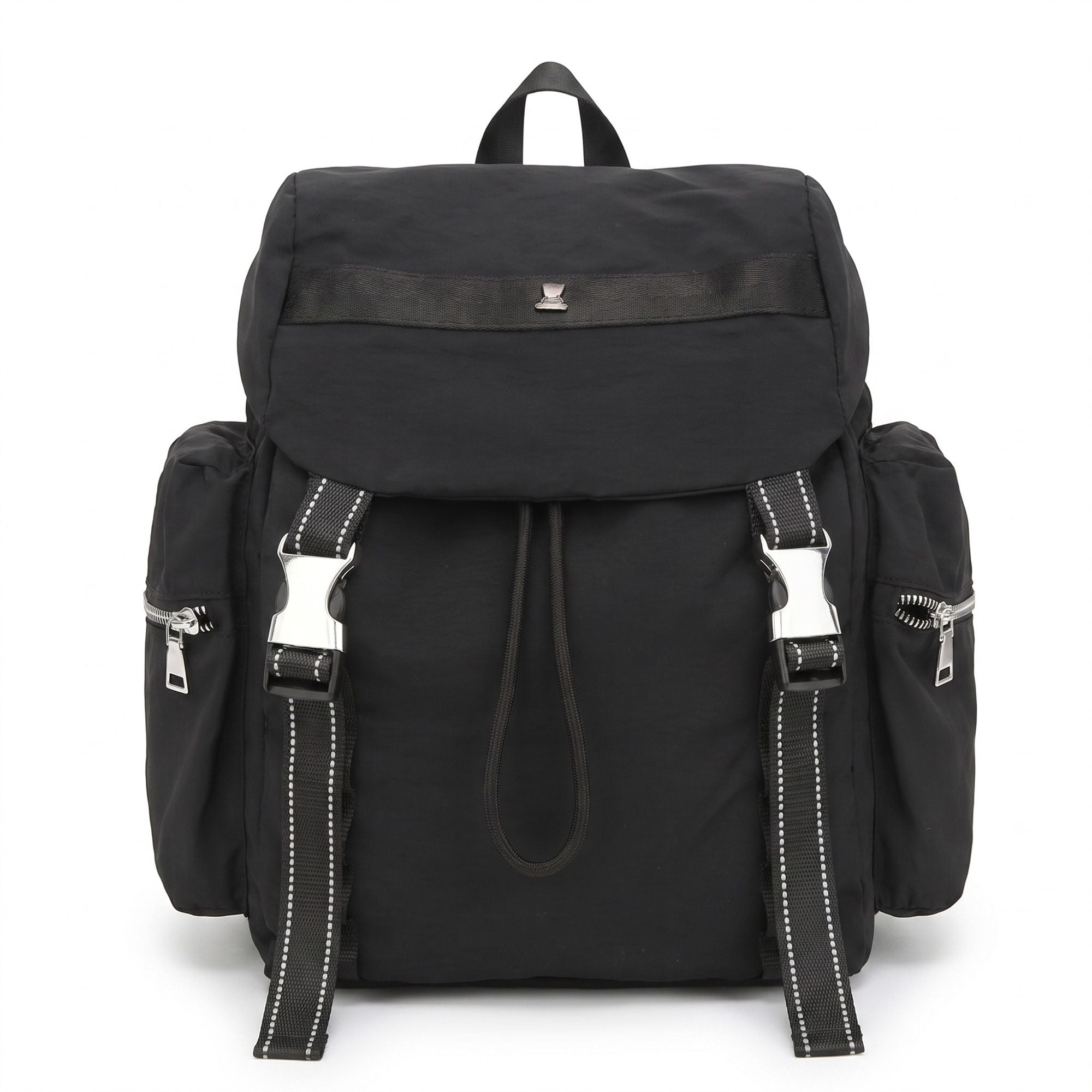Flap Drawstring Backpack with Dual Buckle Straps and Zippered Side Pockets