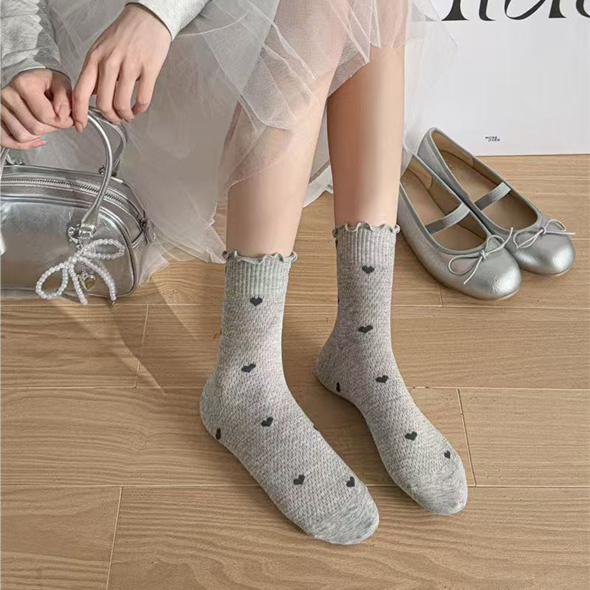 Anna-Kaci Women's 5-Pair Set Frilly Crew Socks with Valentine Heart Pattern and Ruffle Trim Breathable Knit Design for Flats or Loafers