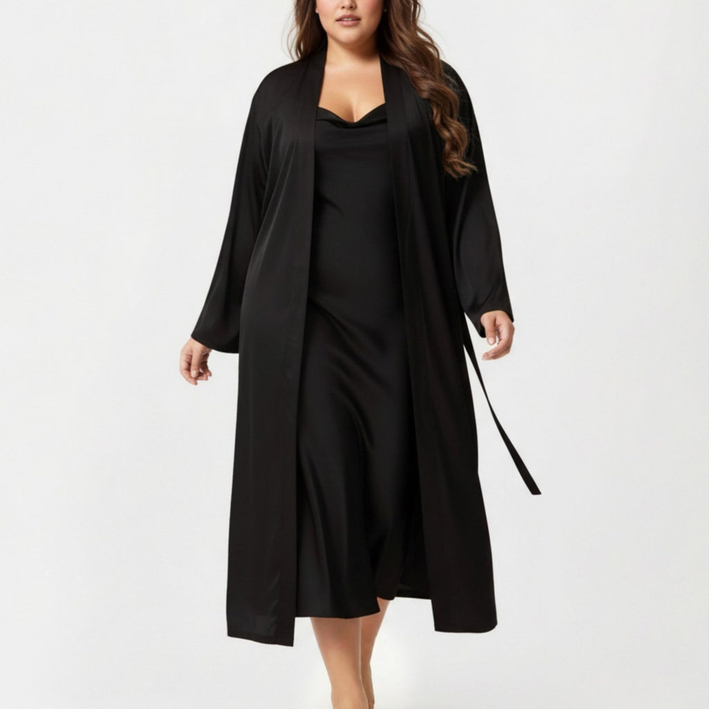 Anna-Kaci Lounge Women's Plus Size 2-Piece Satin Nightgown Set with Long Sleeve Open Front Robe Sleeveless Slip Dress Sleepwear