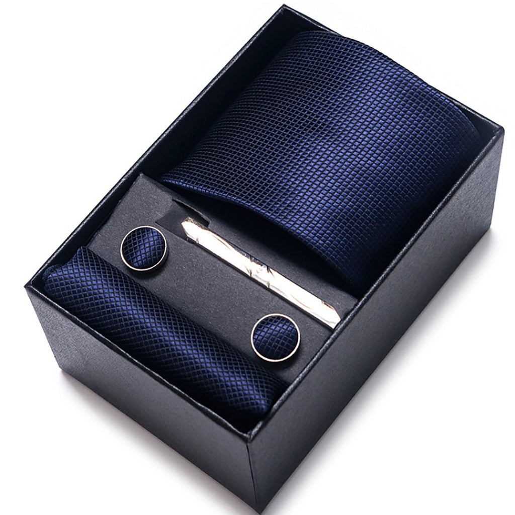 Men's Diamond Grid Pattern Tie Gift Set Necktie Pocket Square Cufflinks Tie Clip Formal Accessory Set