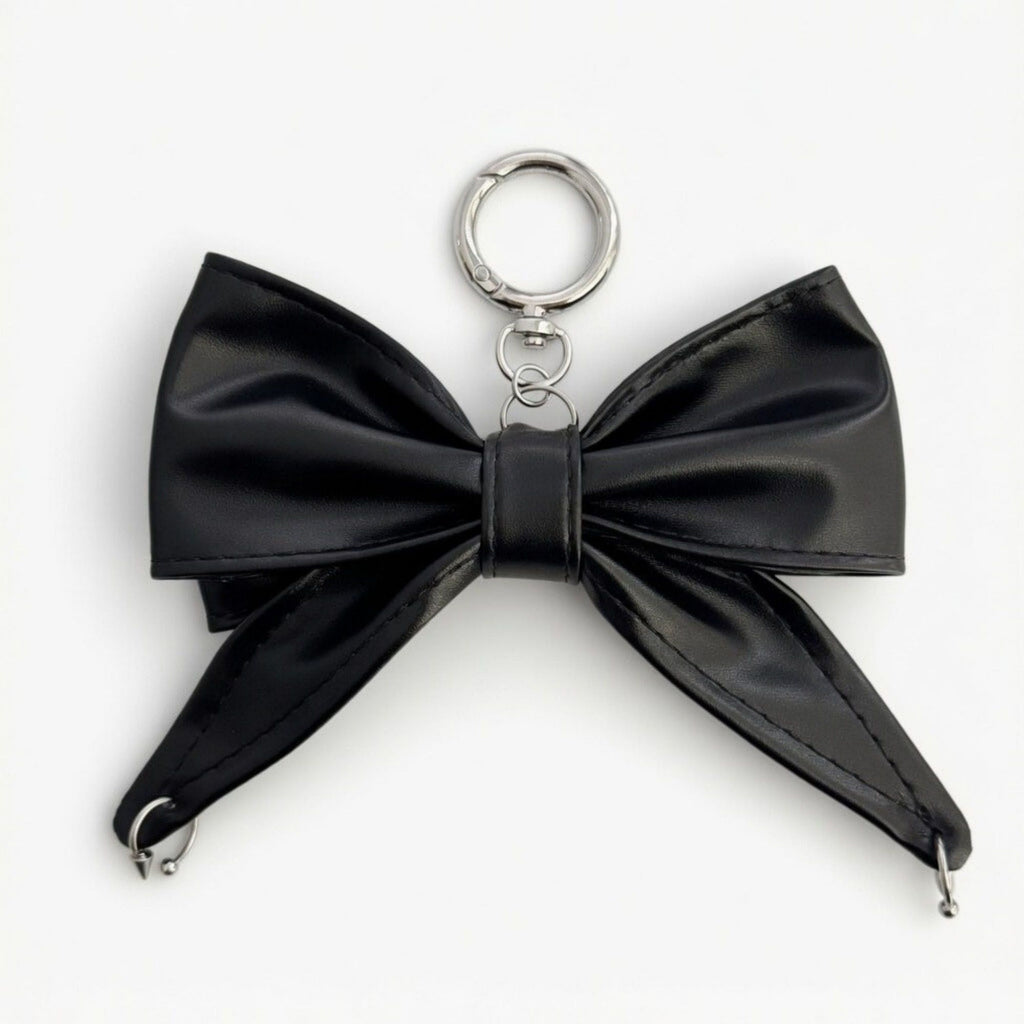 Faux Leather Bow Keychain with Safety Pin Stud Detail Oversized Bow Bag Charm Key Ring Accessory