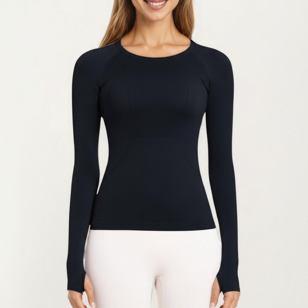 Anna-Kaci Active Women's Seamless Long Sleeve Fitted Top with Thumbhole Cuffs and Crew Neck