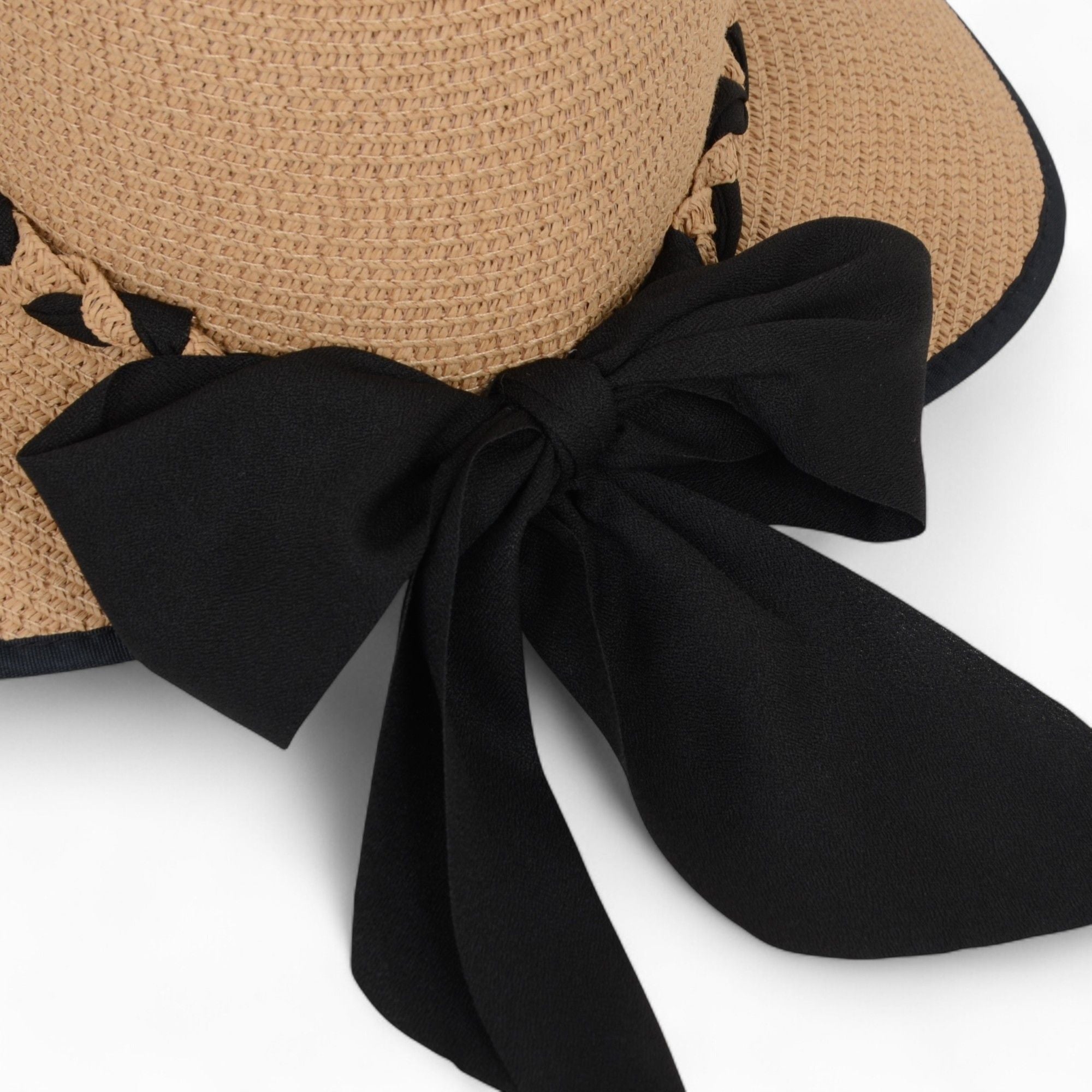 Anna-Kaci Women's Wide Brim Straw Hat with Braided Band and Contrast Bow Detail