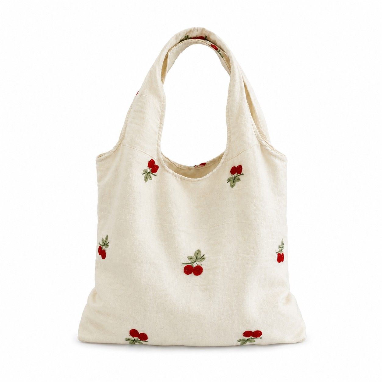 Cherry Embroidered Slouchy Shoulder Tote Bag Soft Lightweight Fabric Everyday Carryall86