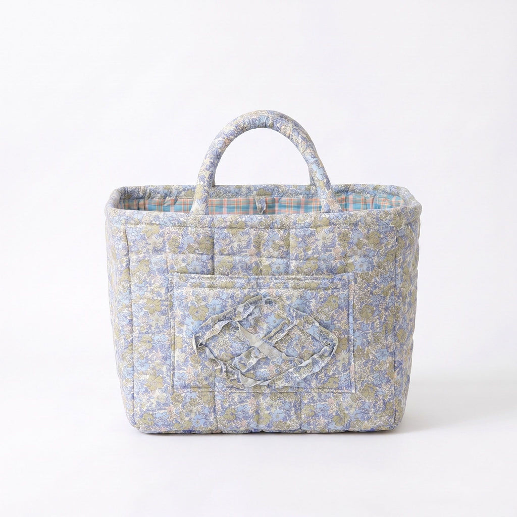 Floral Quilted Storage Tote with Handles and Front Pocket