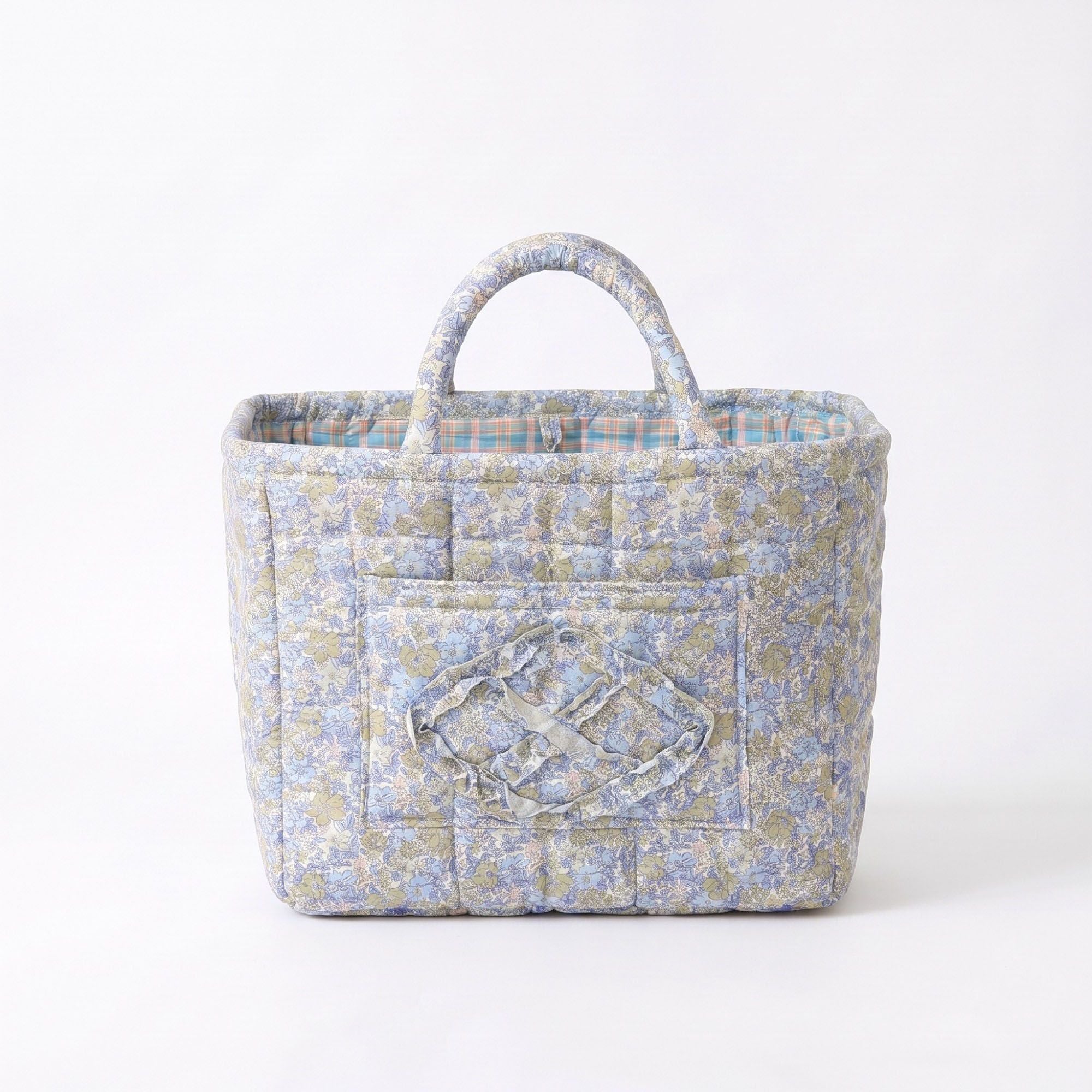 Floral Quilted Storage Tote with Handles and Front Pocket