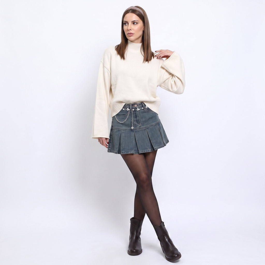Turtleneck Bell Sleeve Relaxed Fit Knit Sweater