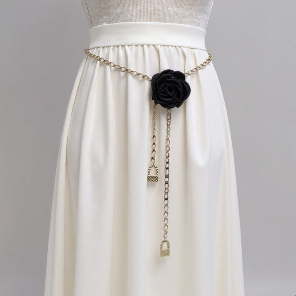 Anna-Kaci Women's Rose Flower Chain Belt with Hanging Lock Charms and Adjustable Drape Design 45.5in