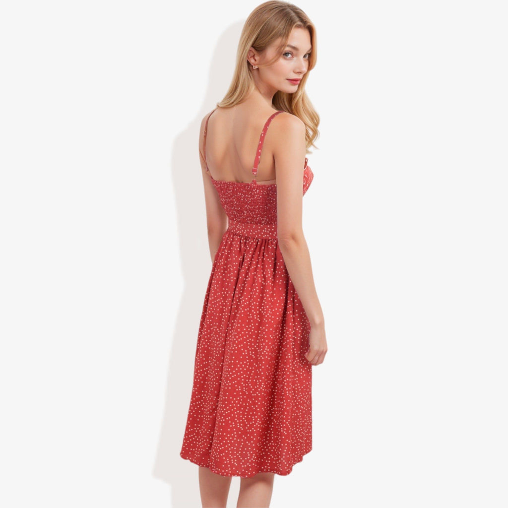 Anna-Kaci Women's Polka Dot Smocked Bodice  Dress with Button Front and Waist Tie