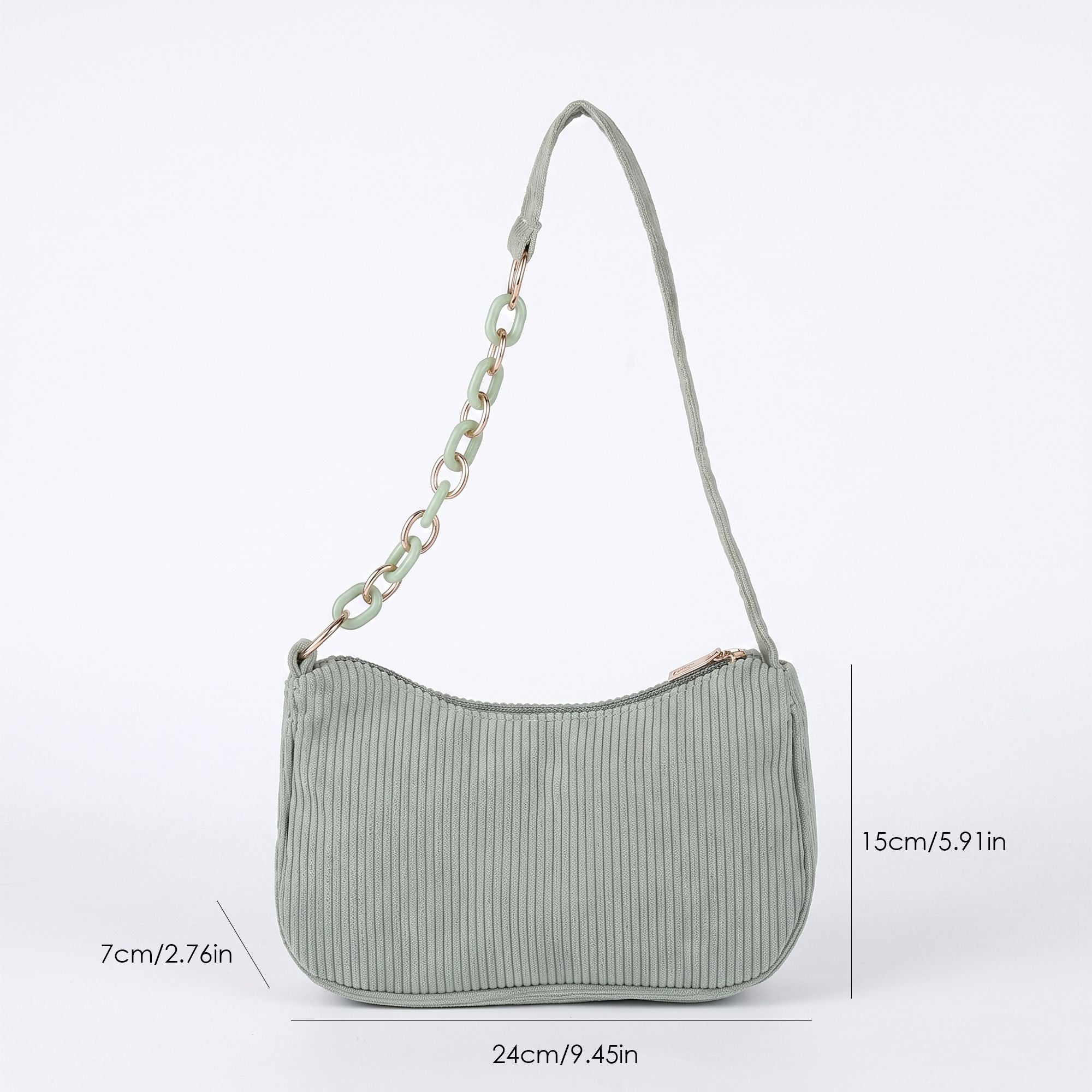 Small Corduroy Shoulder Bag with Mixed Chain Strap and Zip Closure
