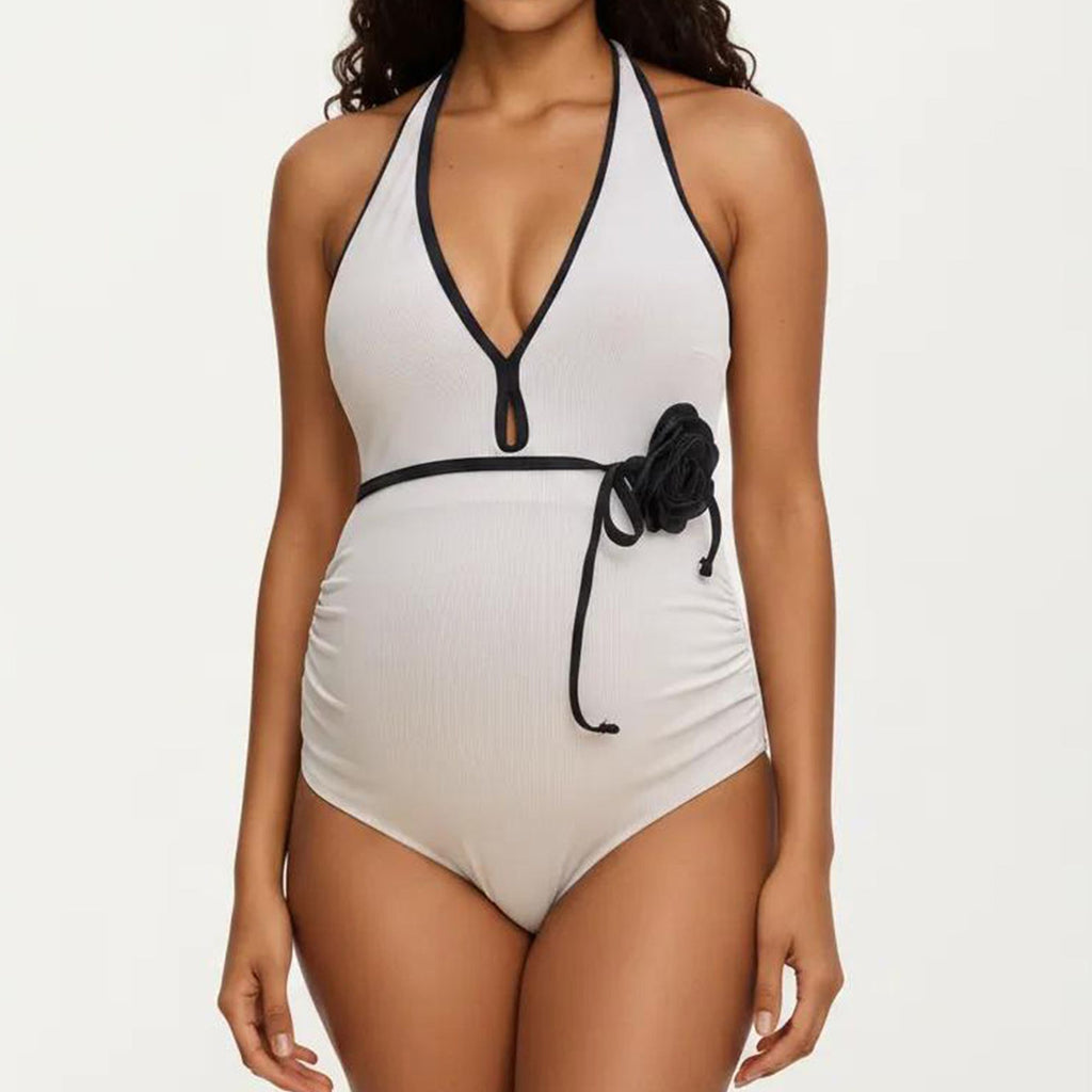 Anna-Kaci Swim Women's Maternity Ribbed One-Piece Swimsuit with Halter Neckline and Floral Tie Waist