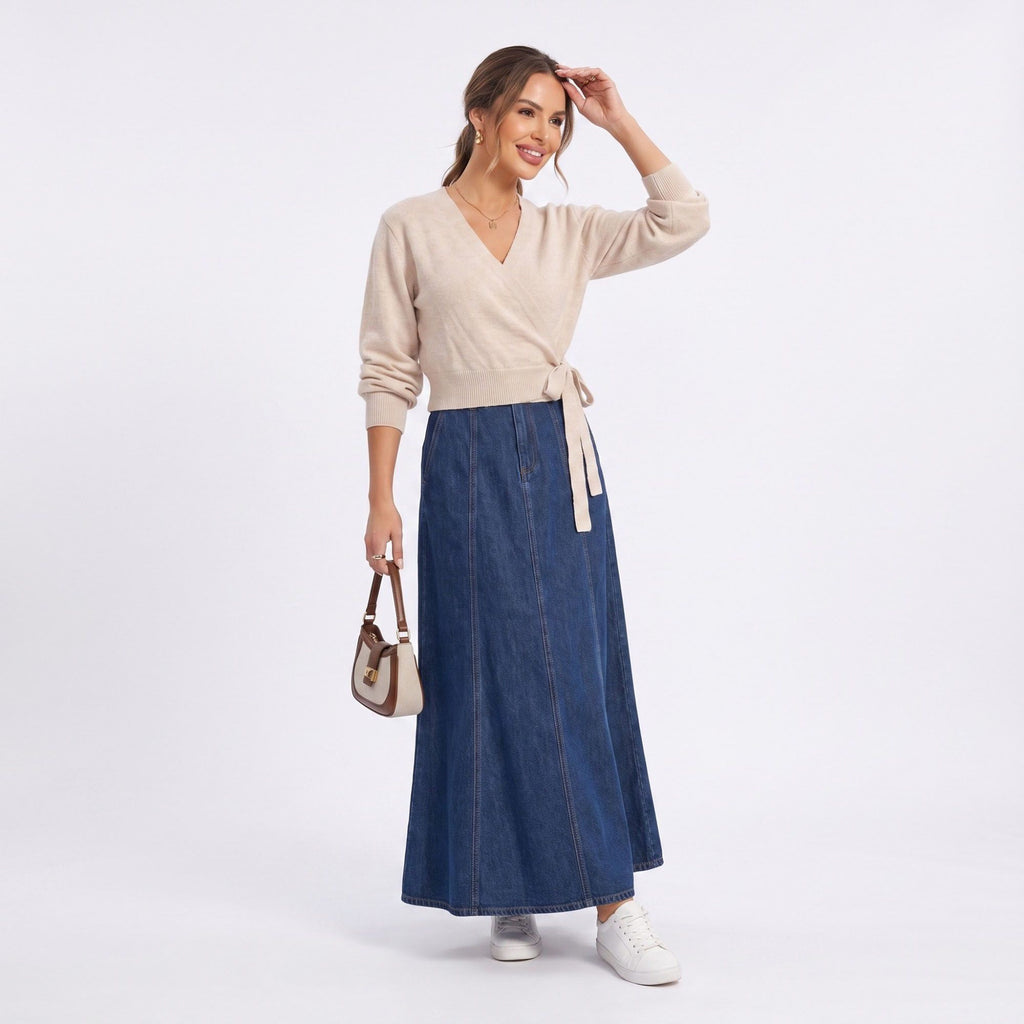 Wrap Front V Neck Side Tie Long Sleeve Knit Sweater