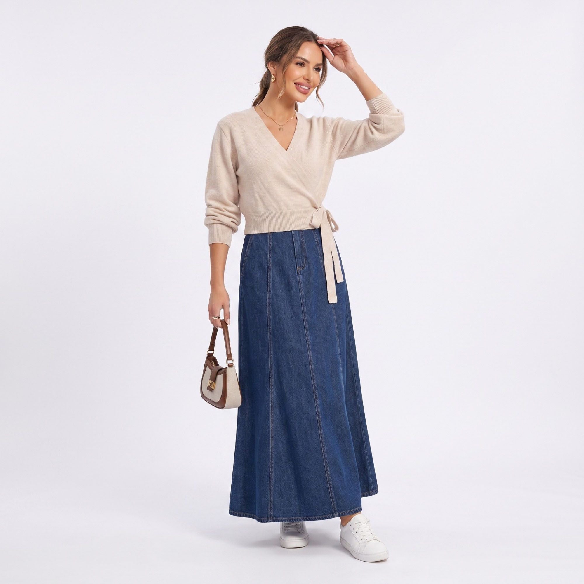 Wrap Front V Neck Side Tie Long Sleeve Knit Sweater