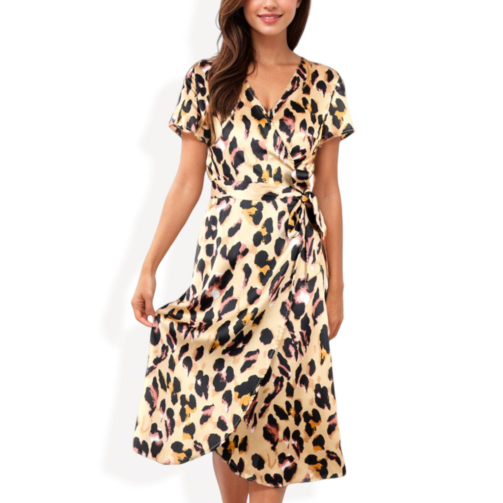 Anna-Kaci Women's V-Neck Short Sleeve Wrap Dress with Leopard Print and Waist Tie