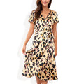Anna-Kaci Women's V-Neck Short Sleeve Wrap Dress with Leopard Print and Waist Tie