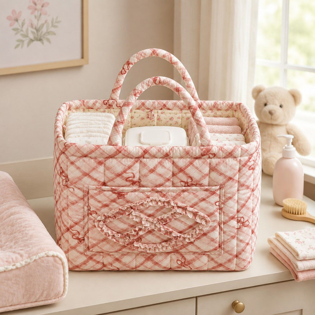 Quilted Plaid Storage Caddy with Handles for Dorm Bathroom Vanity and Laundry Room