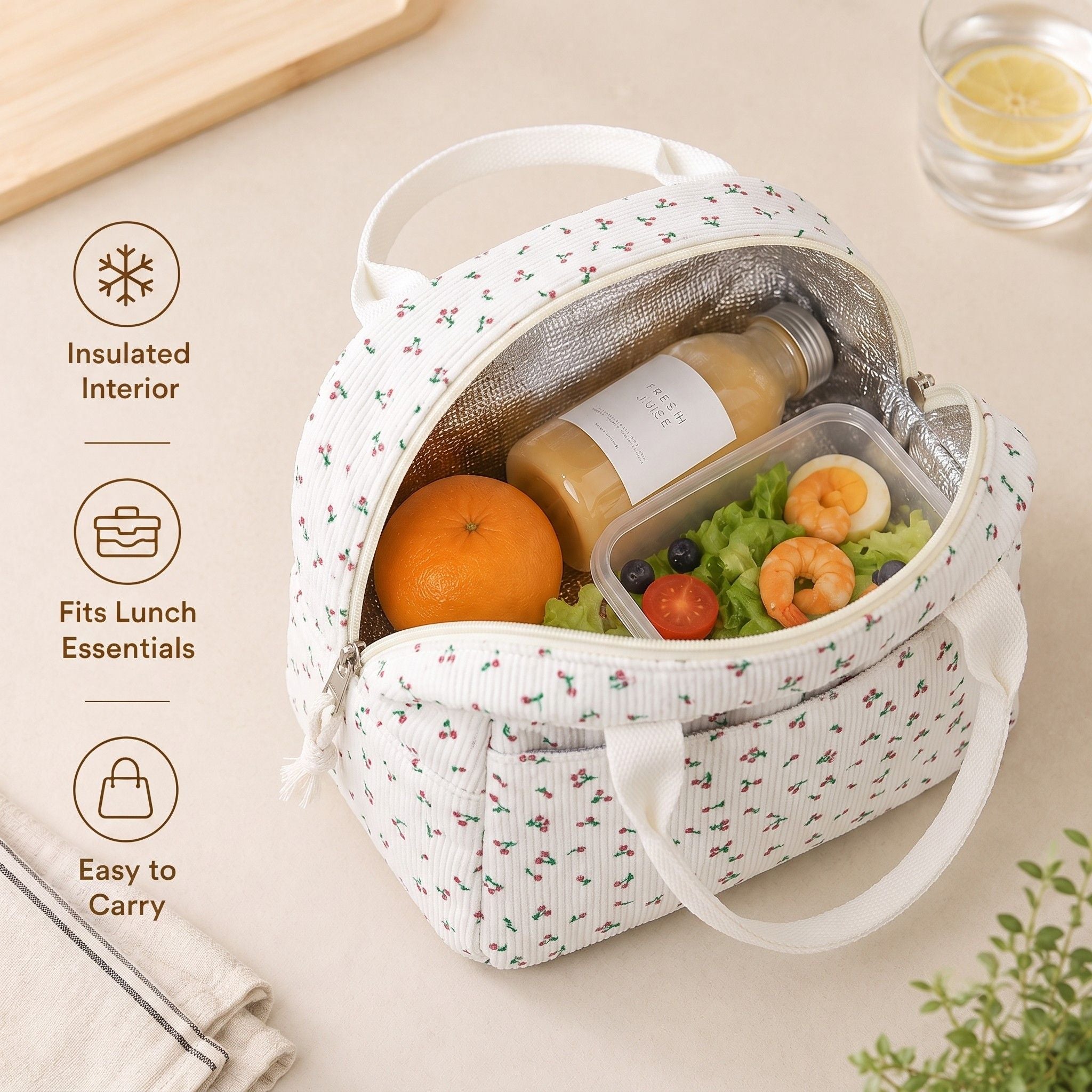 Printed Insulated Lunch Tote Bag with Double Handles and Zip Closure