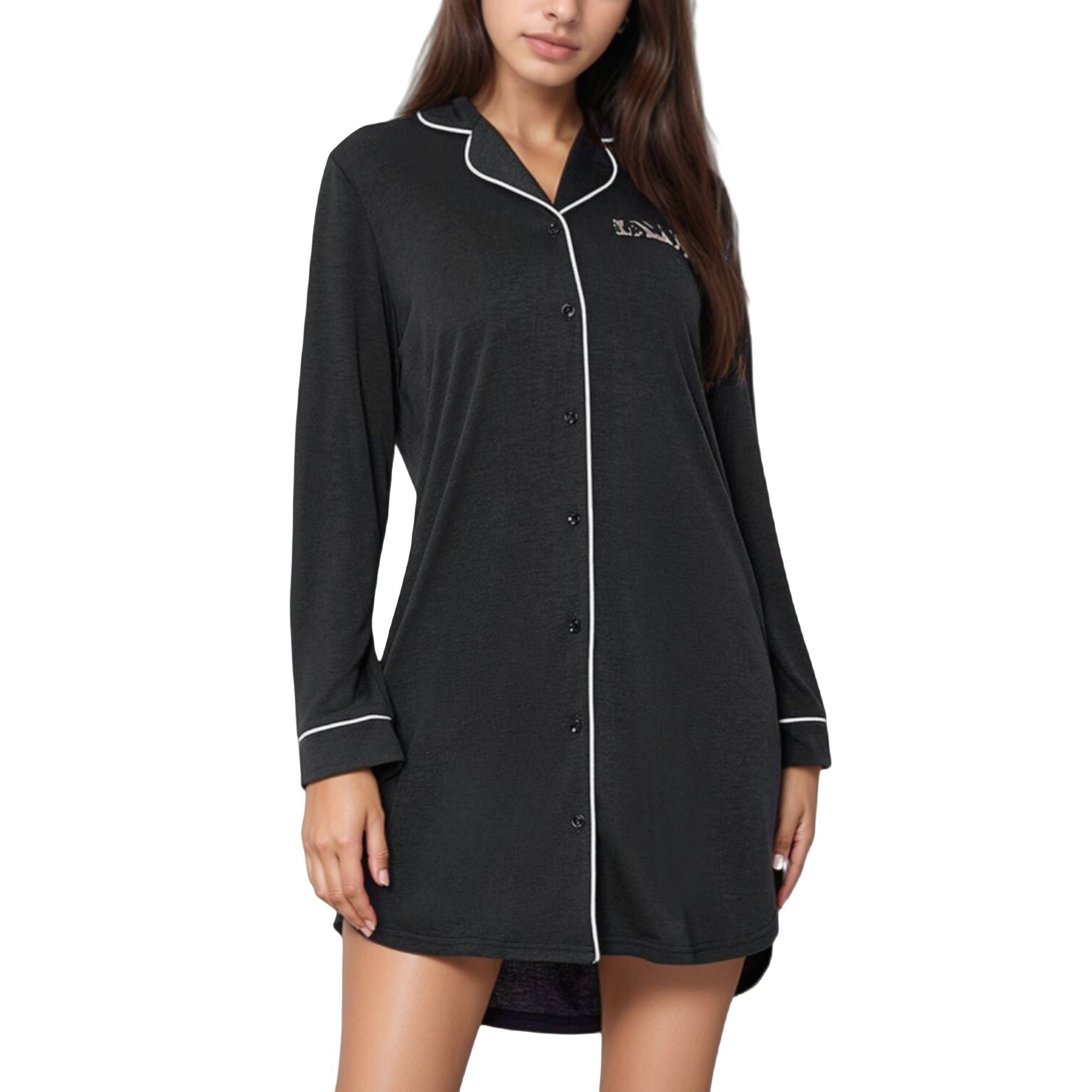 Anna-Kaci Lounge Women's Long Sleeve Button-Up Sleep Shirt with Contrast Piping Trim and Embroidered Chest Detail