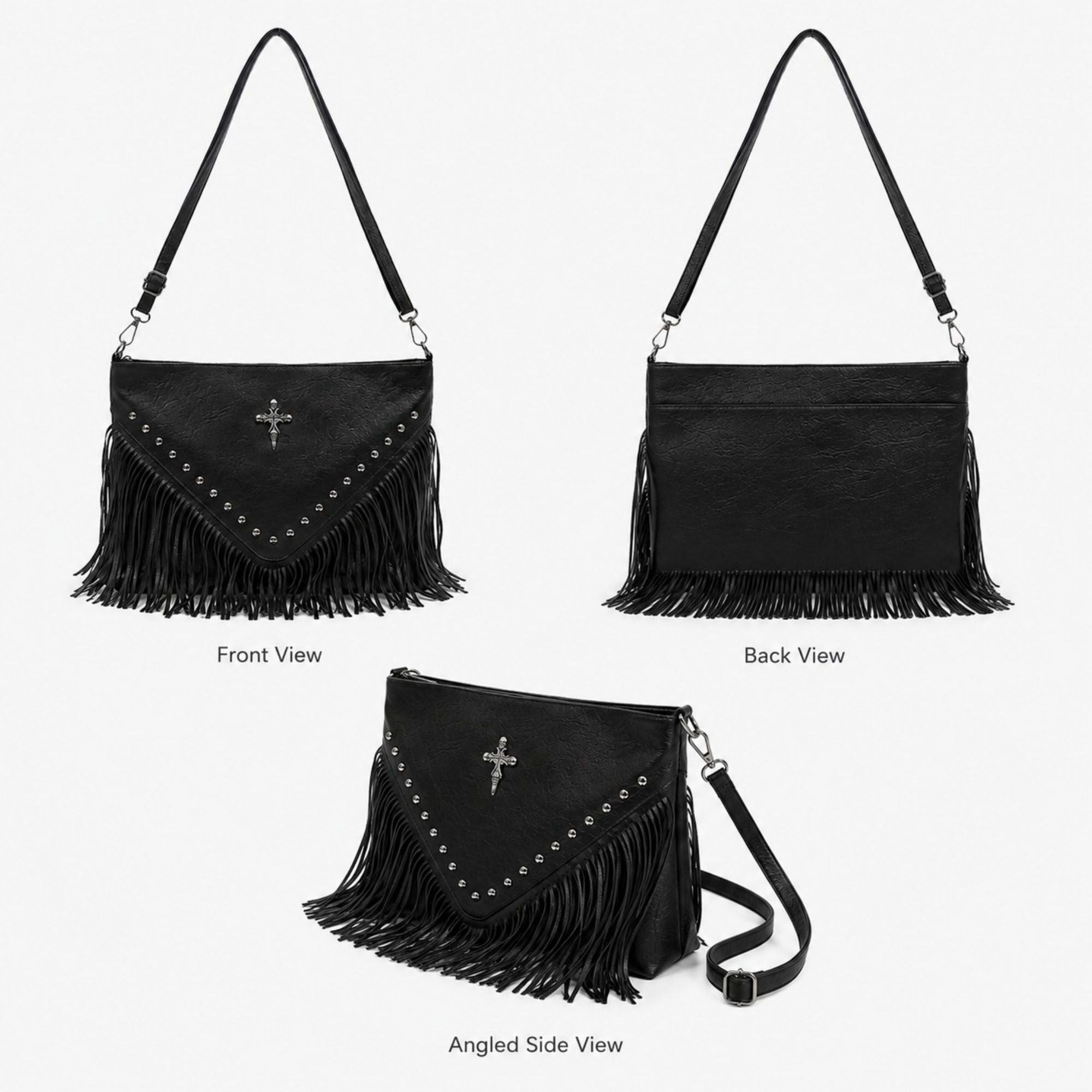 Studded Fringe Shoulder Bag with Adjustable Strap and Zip Closure