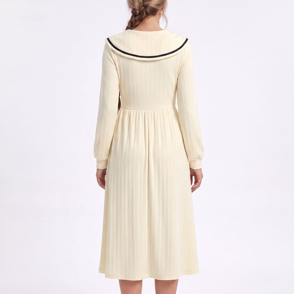 Cream Sailor Collar Long Sleeve Button Front Fit and Flare Midi Dress