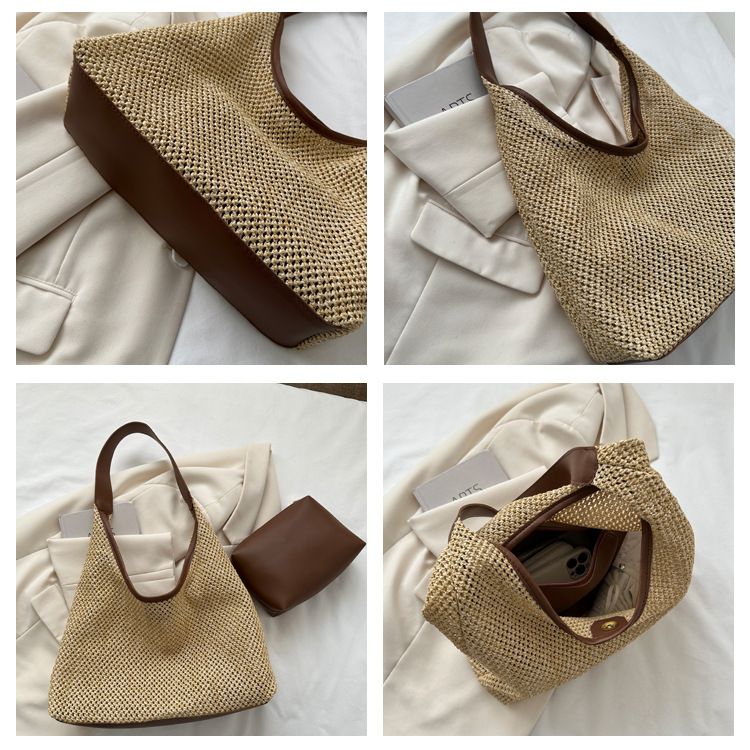 Woven Straw Hobo Shoulder Bag with Smooth Strap Lightweight Crochet Knit Slouchy Tote Bag
