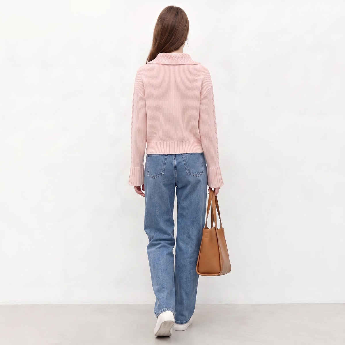 Cable Knit Collared Sweater with Flared Cuffs