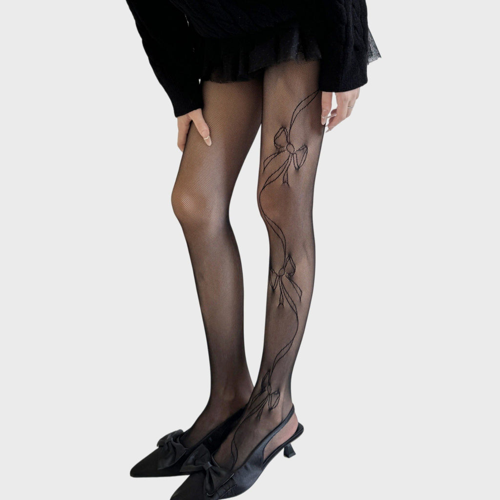 Anna-Kaci Women's Sheer Bow Line Pattern Tights with Soft Stretch Mesh, Delicate Ribbon Artwork, and Smooth Knit Finish One Size Fits Most