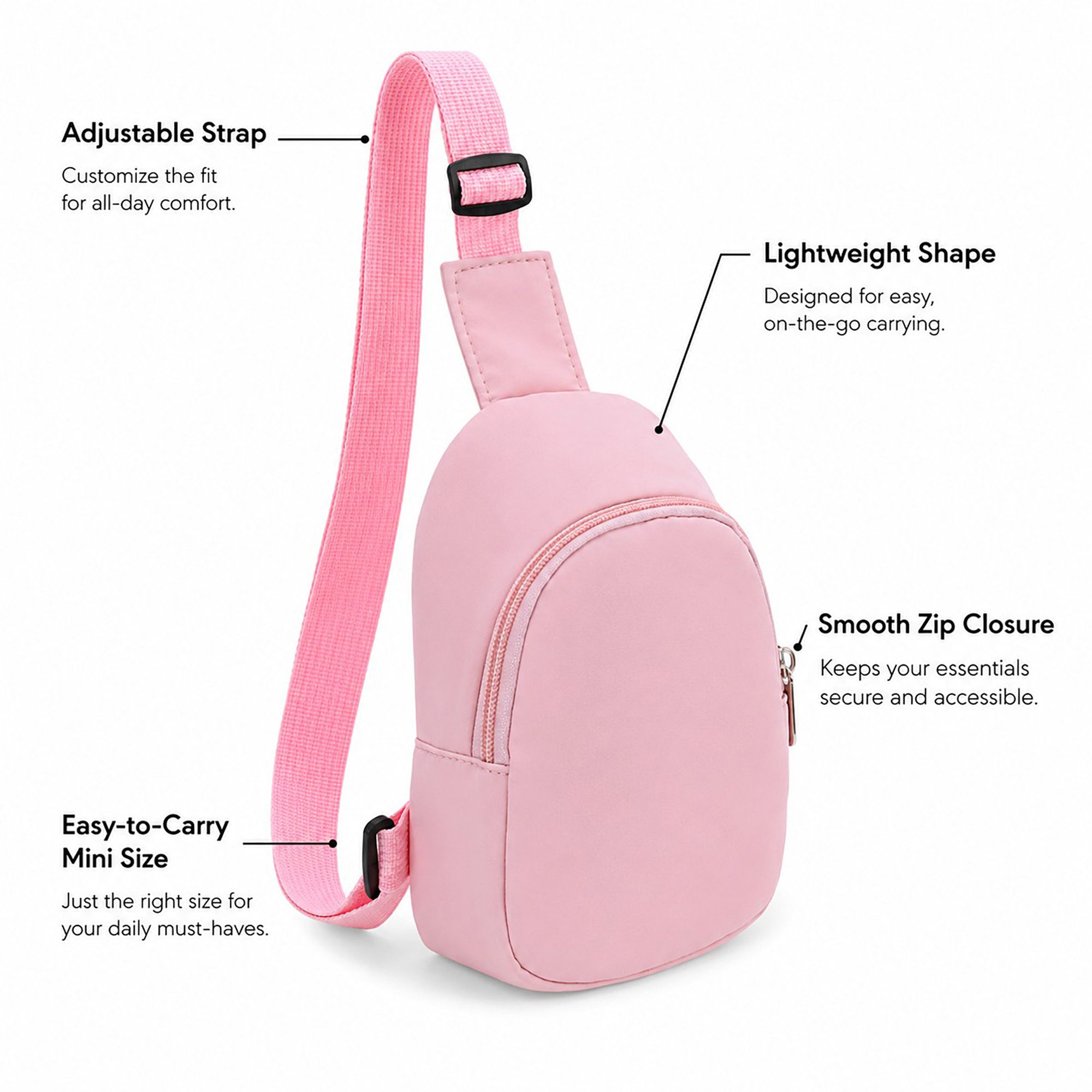 Adjustable Sling Bag with Front Zip Pocket for Travel