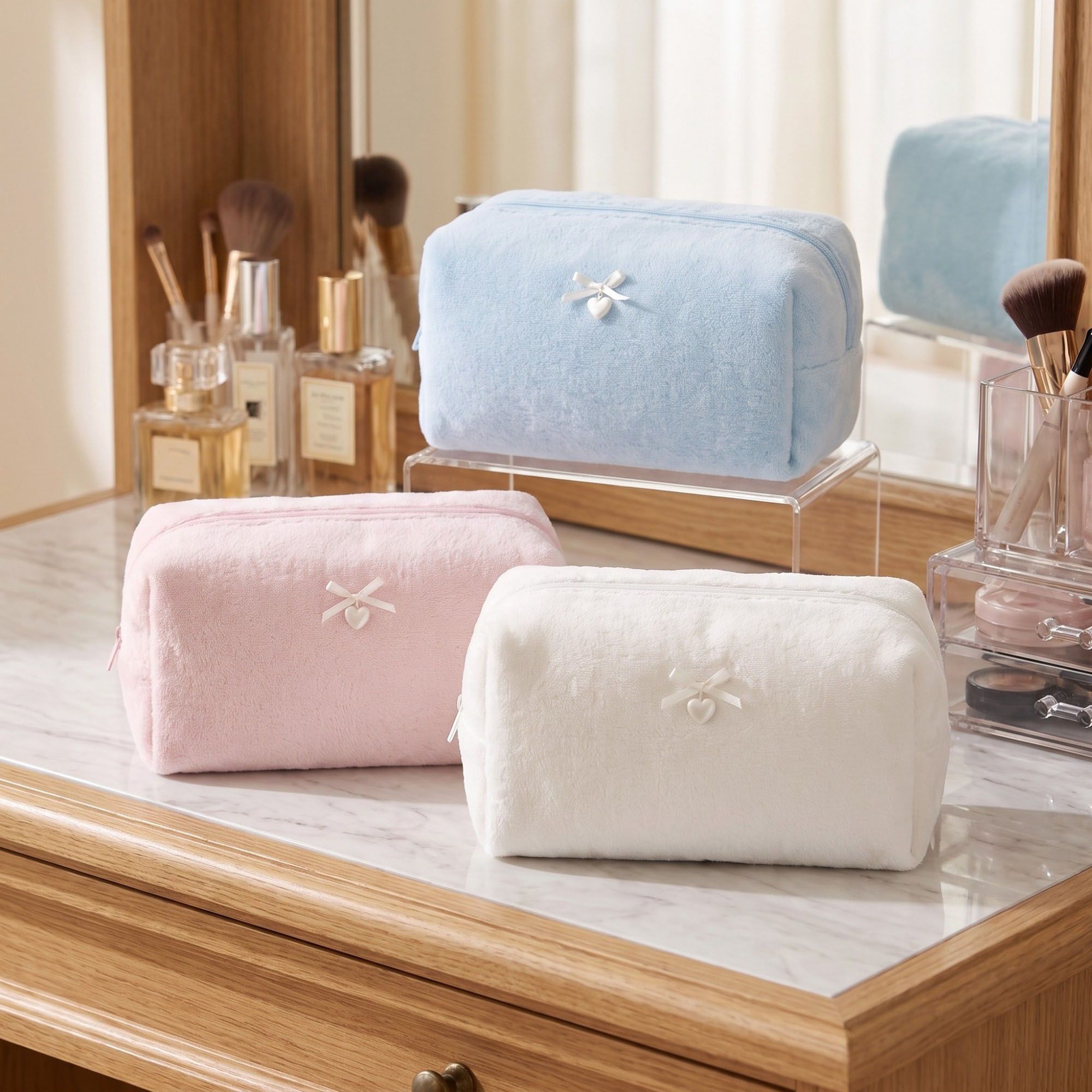 Womens Soft Textured Cosmetic Bag Zipper Makeup Toiletry Organizer