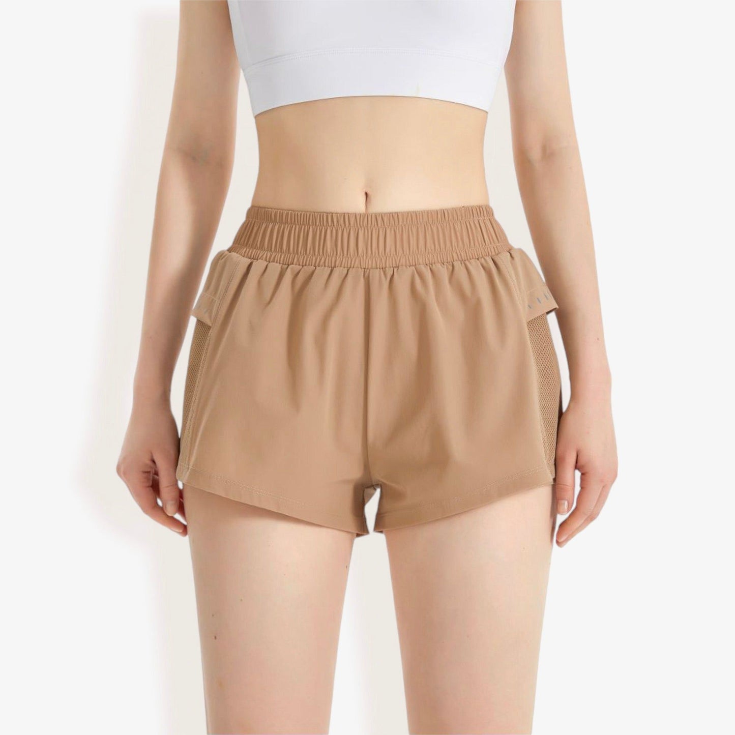 High Waist Athletic Shorts with Mesh Panels and Elastic Waistband