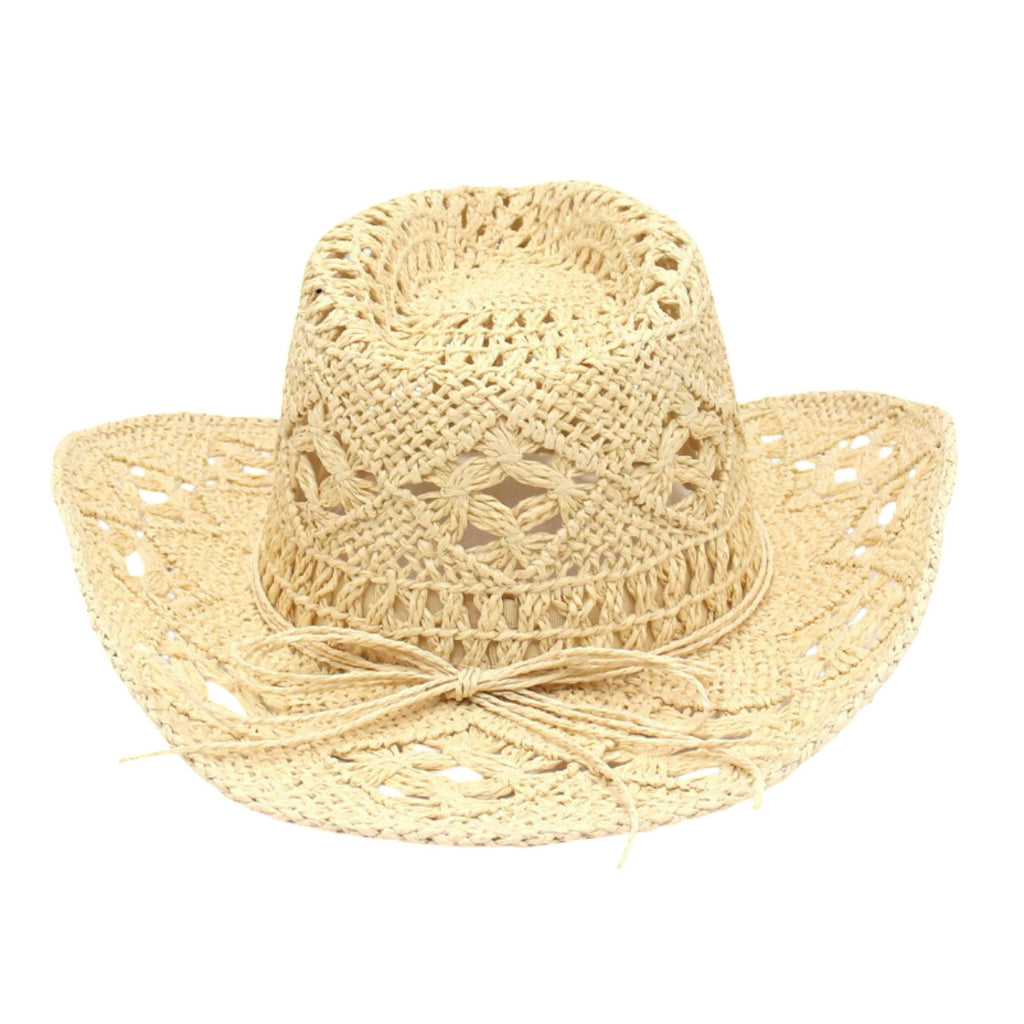 Open Weave Western Sun Hat with Wide Brim and Boho Floral Pattern