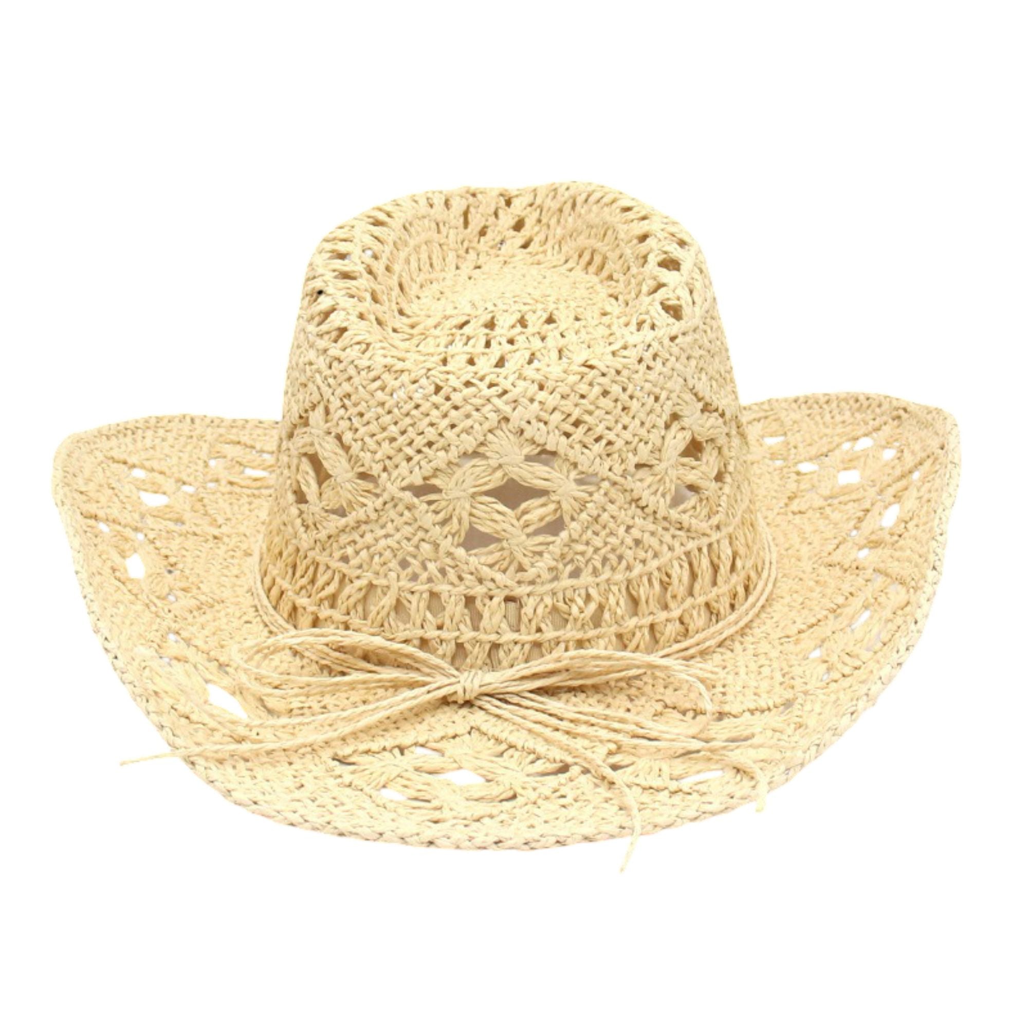 Open Weave Western Sun Hat with Wide Brim and Boho Floral Pattern