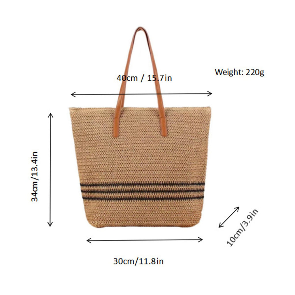Woven Crochet Tote Bag with Striped Pattern Leather Shoulder Strap Lightweight Large Capacity Handbag