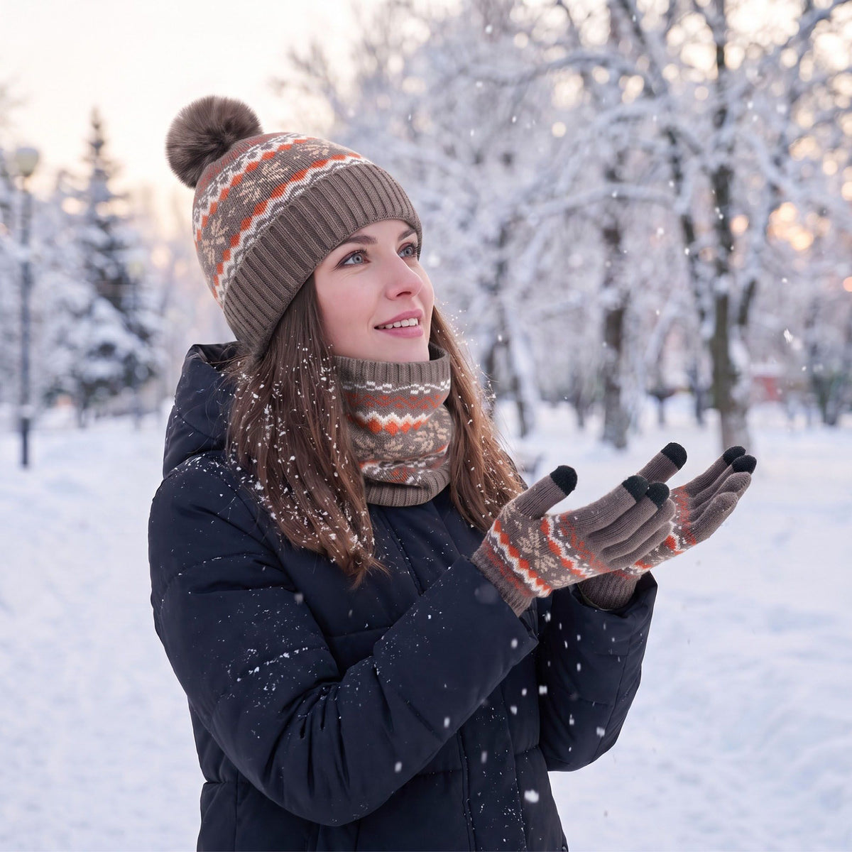 3 Piece Fair Isle Pom Beanie Neck Warmer and Gloves Set