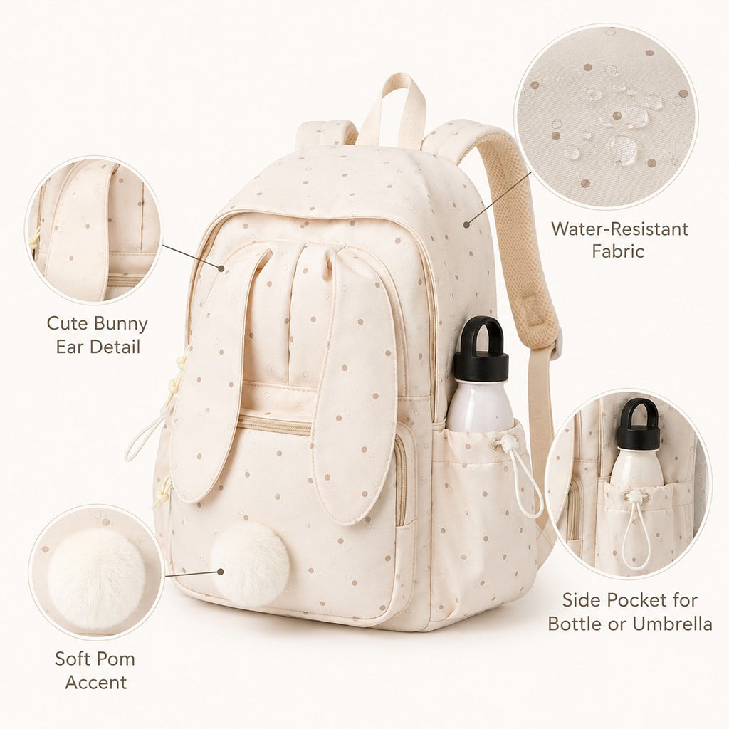 Bunny Ear Backpack with Pom Pom and Multiple Pockets